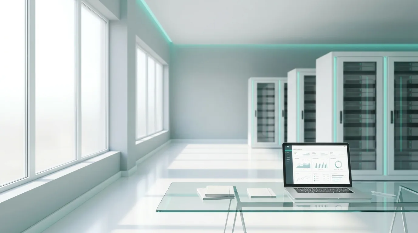 Bright, orderly data centre and clean analytics workspace